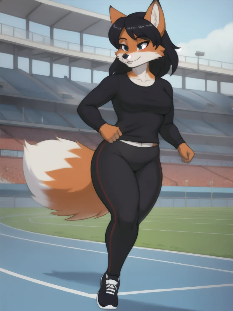 Furry, fox, female, black shirt, black leggings, shoes, running track, solo, full body