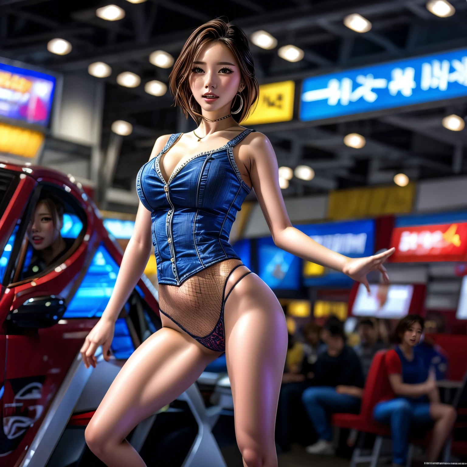 GameShow event girls in sexy costume, (((Song Joo A))) clearly visible the shape of Butt, Full of (Game machine),(pleasure in heaven, life and eternity). (Full body shot:1.2),intricate,ultra detailed,expression art,grand scale,epic,zoomed out,wide angle. (ExtremelyDetailed Beautiful face). (Exposed:0.55)