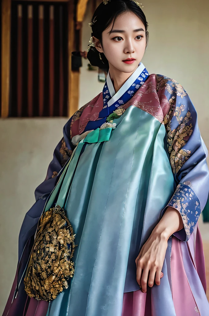 a korean actress starring in a fantasy television drama, film still, shot on a sony alexa, hanbok, edgEF, wearing edgEF eastern clothing, dangui, detailed face, detailed eyes, intricate details, film grain, skin details, high detailed skin texture, 4k, sharp focus, masterpiece, award winning photo, analog style photo, film grain,