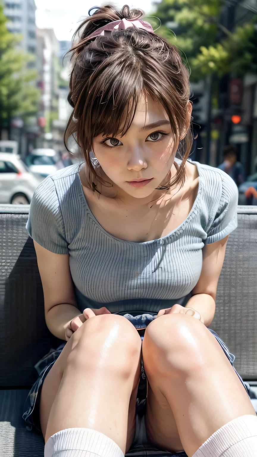 (Girl sitting on a bench in Tokyo:1.2、Midsummer、blue sky)、((Shirt with ribbon、Tight brown miniskirt:1.3、Wearing knee-high socks:1.4、Detailed white panties)、the wind is strong、(Realistic、Like a photograph、Live Action、8k, Realistic, RAW Photos, Best image quality: 1.4), Single-lens reflex camera、RAW Photos, Highest quality, Realistic, Highly detailed CG Unity 8k wallpaper, Written boundary depth, Cinematic Light, Lens flare, Ray Tracing, Realistic background、((ultra high density skin))、 16-year-old girl、Cute Japanese Girl、(whole body:1.5)、Very detailedな顔，avert your eyes:1.1、(short hair:1.2、Short Ponytail:1.4)、I like that style、stylish、Very detailed、Pay attention to the details、Perfect outfit、(Sunburned skin)、Front view、Accurate hands、Accurate legs、Detailed hands and fingers、Anatomically correct body、Thin legs、Thin thighs、Large Breasts