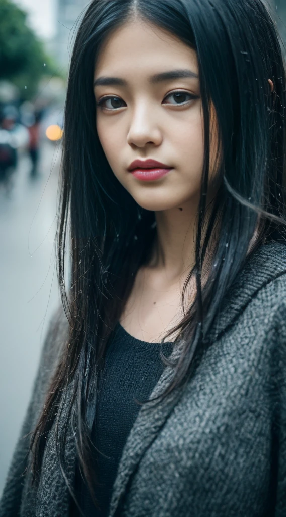 Browsing Caution, ((Highest quality, 8k, masterpiece, Portraiture: 1.3)), (View Audience), Photorealism, Getting wet in the rain on a street corner, Sharp focus, alone, Japan&#39;Moro Islamic Liberation Front, beauty,Wavy Hair, Wrinkles around the eyes, For emphasis, ((Big Breasts:1.3))),，30 years old, curly, Wrinkled eyes, (White blouse, Standing Together&#39;My feet:1.2), (Black long skirt), (High heels), （I&#39;I don't have an umbrella), (（Looking at the audience））, (Soaking wet), (The black bra is wet and transparent),Brown Hair, 