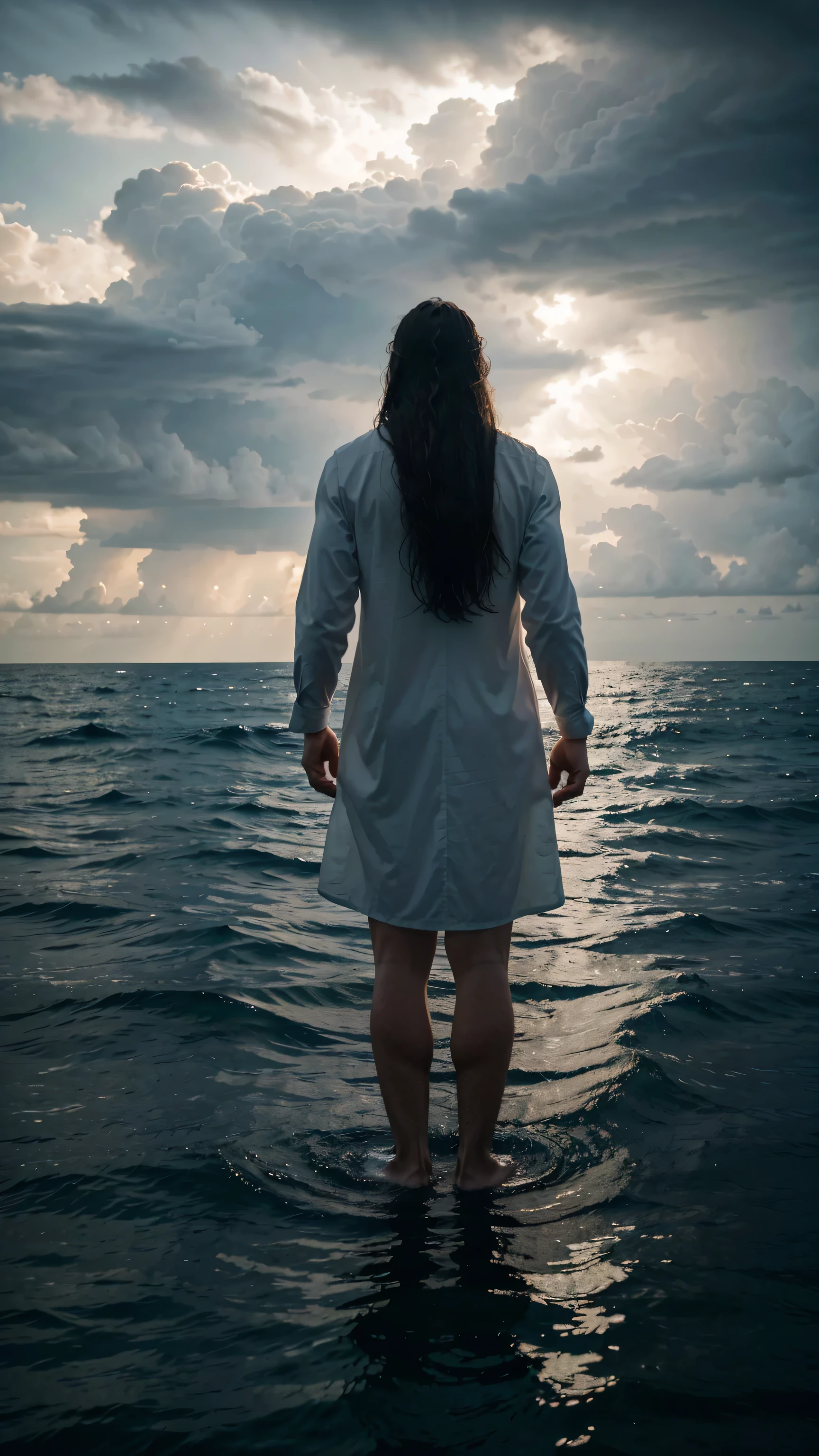A pious man with long hair is standing on the water of the ocean with both hands raised. The sky is covered with dark clouds.back view,back view,Hyper-realistic photography, gentle soft natural backlightning, real photo,Cinematic style,realistic environment,low contrast, 32k resolution , highly detailed, realistic dress. Ultrarealistic water, hills