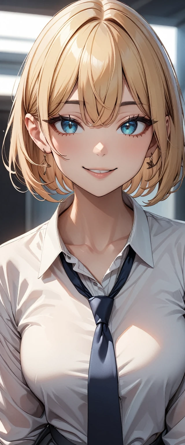 (masterpiece, Highest quality, でvery aesthetic, Super detailed), Intricate details,
One girl, Blonde, Red gradient, Bobcut, Turquoise Eyes, ((Round eyes)), Collared shirt, White shirt, , The clavicle is visible, Light blue tie, Grey Skirt, Thighs, smile, looking at viewer, Peace sign sideways near the eyes, Upper Body, Straight skirt