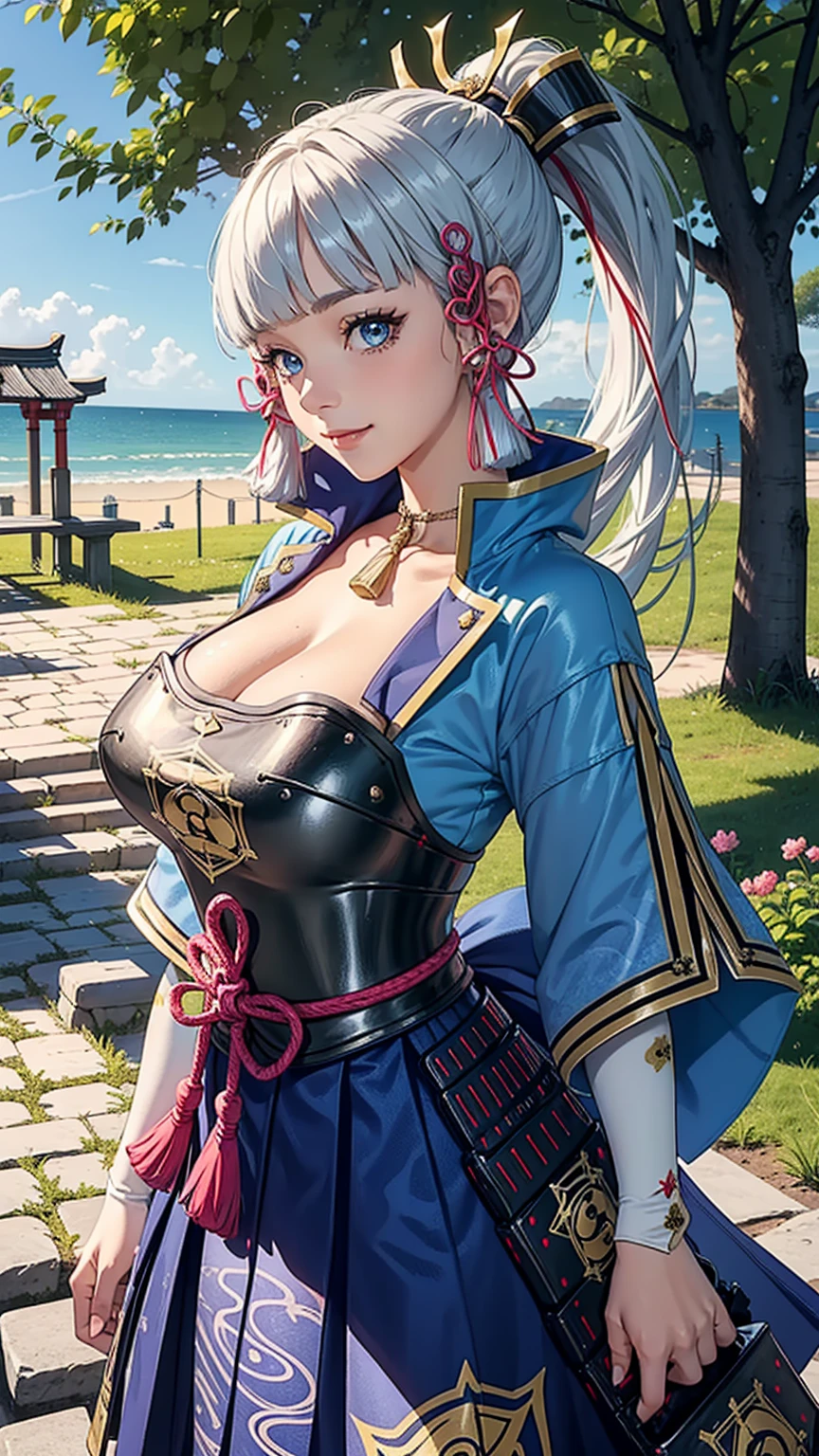 (Girl),(kamisatoayakadef),masterpiece,huge breast, outdoors, looking at viewer, detail eyes, detail face, standing, smile, (from front:1.3), upper body shot,(detailed face), (cleavage),