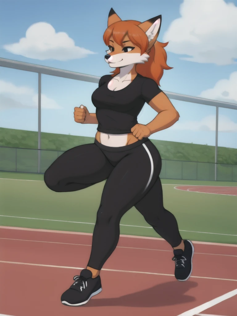 Furry, fox, female, black shirt, black leggings, shoes, running track, solo, full body