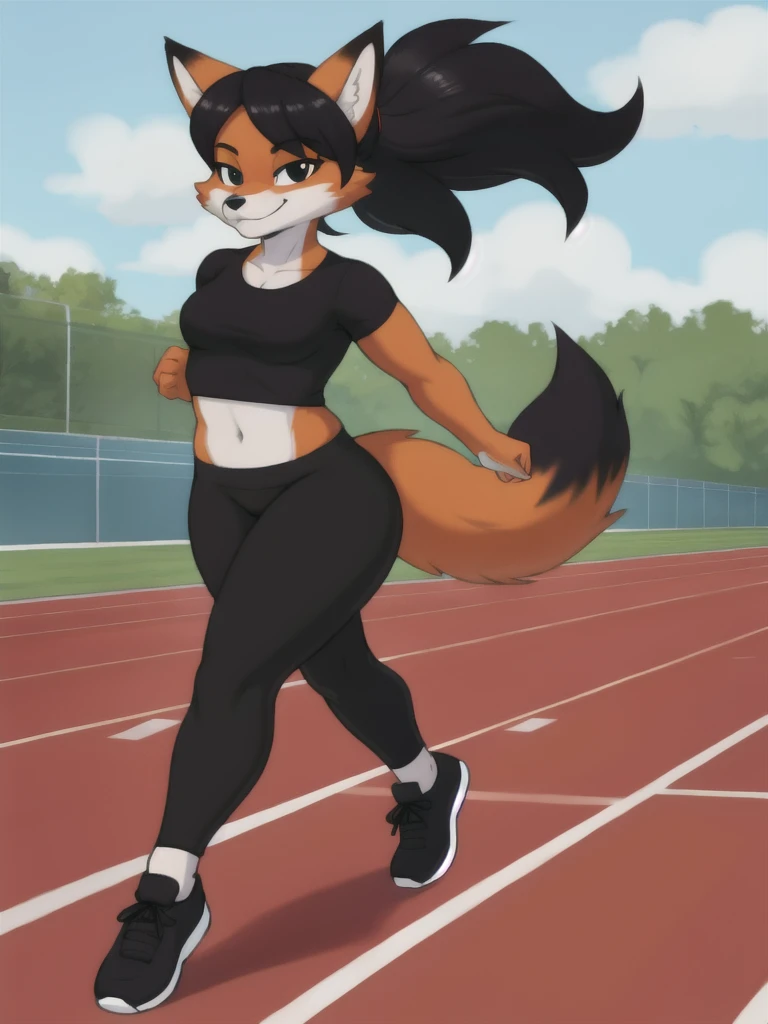 Furry, fox, female, black shirt, black leggings, shoes, running track, solo, full body