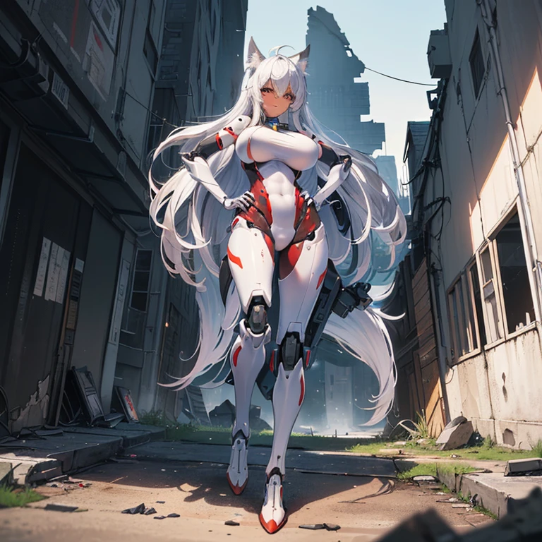 (8k, Realistic, RAW Photos, Highest quality, (from below:2), View your viewers: 1.3), (Fox Girl, Fox Ears, Silver Hair, One Girl, Long Hair, (Alone on the screen, dark skin), High definition:1.6), (mecha musume, Machinery Parts,Robot Joints, (White and red clothes, Full body mechanical suit):1.8), (Body measurements are 99-55-77!, Nice body, Big Breasts, slender, muscle, (Right hand on right knee, Left hand on left hip, I can see the valley, bent over):1.9),(美しいface, Delicate drawing, It is written down in detail), Avatar, face, 色っぽいface, Dominant representation, naughty face, Uplifting, Skin Texture, outside, ruins, Ruined City, Broken Building, There are no people