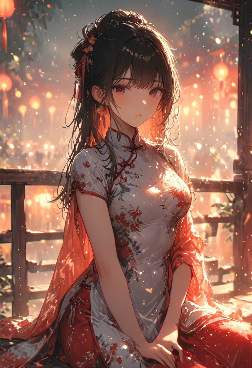 (Highest quality,4K,8k,High resolution,masterpiece:1.2),Very detailed,Red Light District,girl,Beautiful attention to detail,Beautiful lip detail,Very detailed目と顔, Laugh coldly,Long, messy hair,White dress with pink flowers,chinese style dress,Close-up shot,Sexy pose,bench,Particles of light,Romantic atmosphere,Charm,Provocative,Fascinating,Powerful gaze,Vintage vibe,Warm color palette,Soft Focus,Gentle lighting