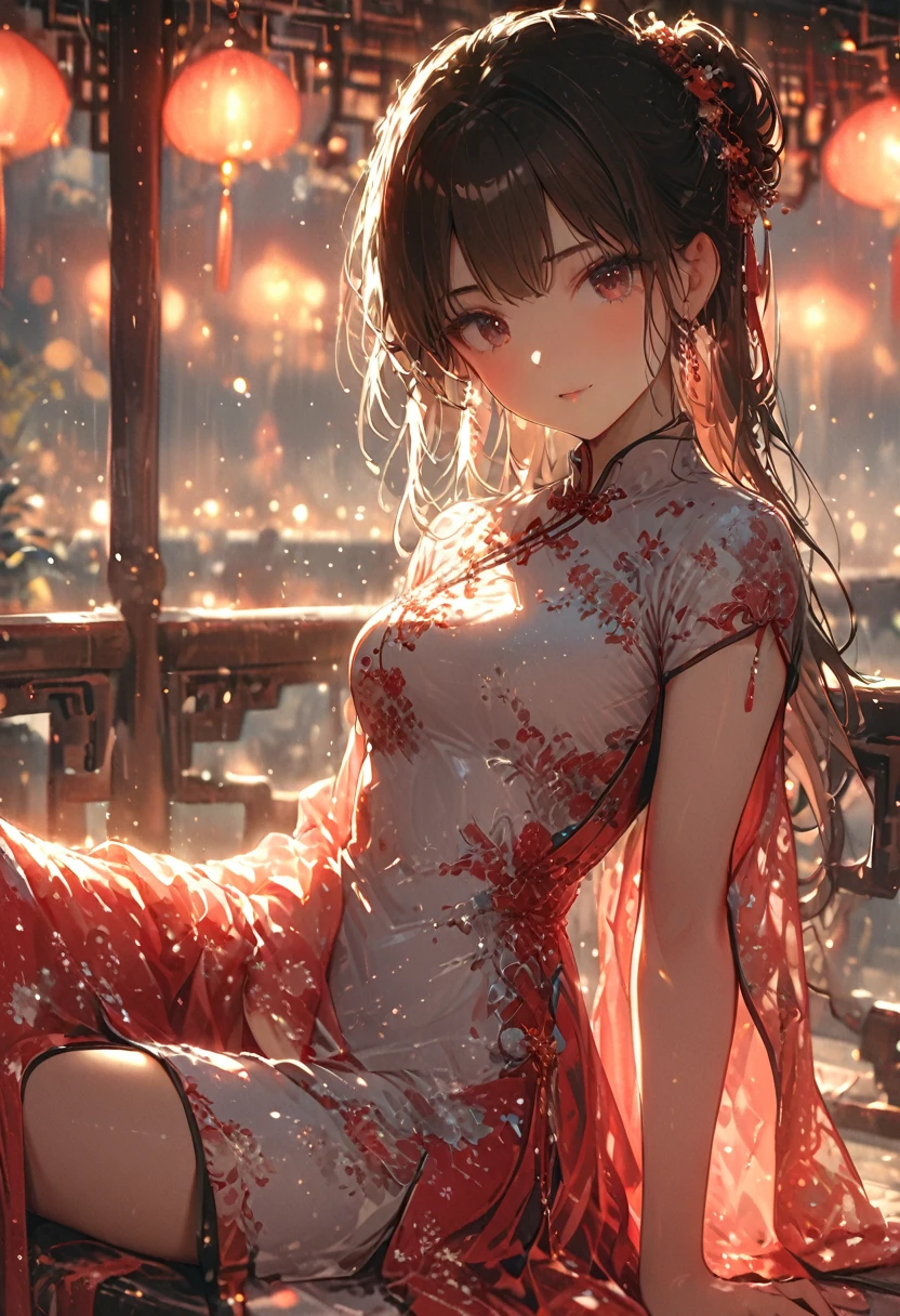 (Highest quality,4K,8k,High resolution,masterpiece:1.2),Very detailed,Red Light District,girl,Beautiful attention to detail,Beautiful lip detail,Very detailed目と顔, Laugh coldly,Long, messy hair,White dress with pink flowers,chinese style dress,Close-up shot,Sexy pose,bench,Particles of light,Romantic atmosphere,Charm,Provocative,Fascinating,Powerful gaze,Vintage vibe,Warm color palette,Soft Focus,Gentle lighting