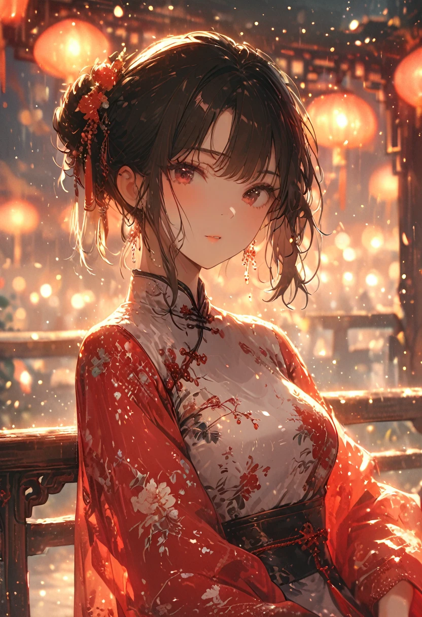 (Highest quality,4K,8k,High resolution,masterpiece:1.2),Very detailed,Red Light District,girl,Beautiful attention to detail,Beautiful lip detail,Very detailed目と顔, Laugh coldly,Long, messy hair,White dress with pink flowers,chinese style dress,Close-up shot,Sexy pose,bench,Particles of light,Romantic atmosphere,Charm,Provocative,Fascinating,Powerful gaze,Vintage vibe,Warm color palette,Soft Focus,Gentle lighting