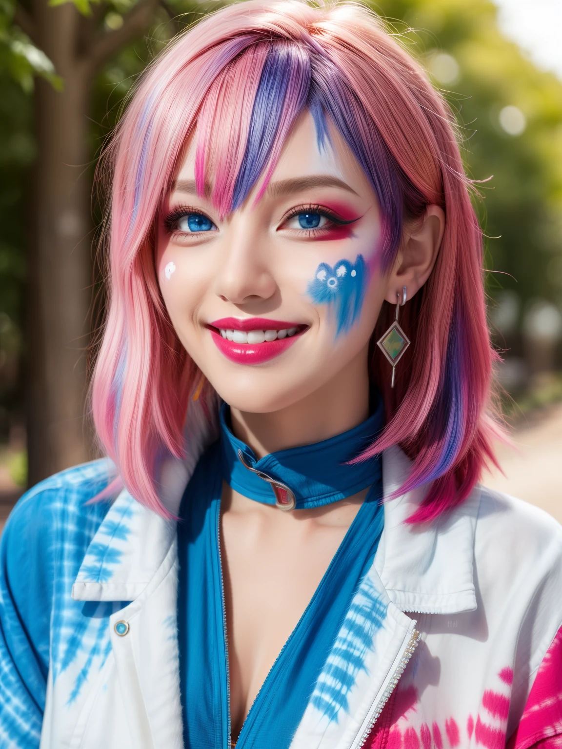 woman, face paint, facepaint, hot pink hair, bangs, blue eyes, tie-dye jacket, grin, outdoors, earrings, collar