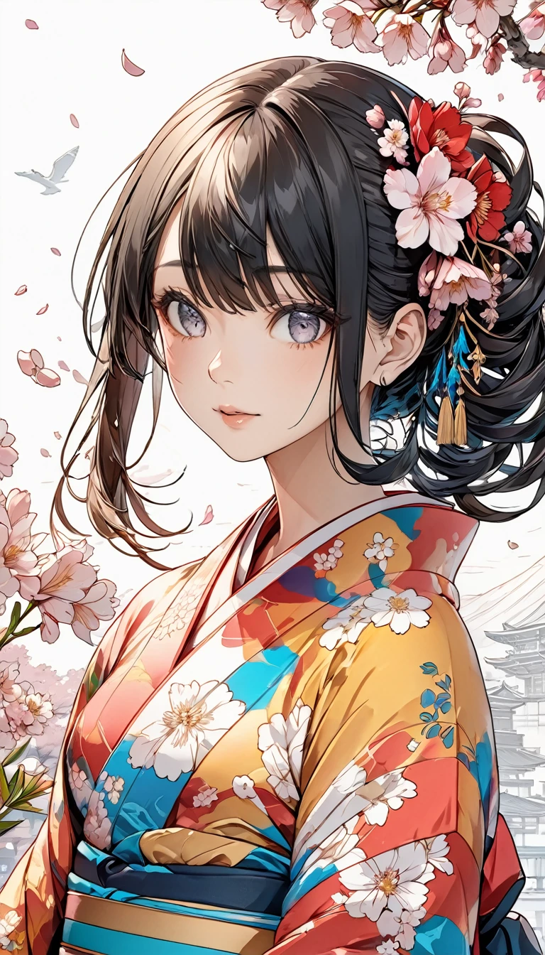 (Masterpieces with up to 16K resolution:1.2),(Highest quality:1.0), (Ultra-high resolution:1.0). | 美しいLine art, clean Line art, perfect Line art, Line art behance hd, extremely fine ink Line art, hyper 詳細なLine art, 美しいLine art, intricate Line art, 詳細なLine art, Line art, bold Line art, detailed manga style, 非常に細かいLine art, Line art. | Woman painting,Shining Black hair,(colorful_flower_I drew_kimono:1.3) , (colorful_cherry blossoms_flower_hair_Decorations:1.3),Iris,White Background.