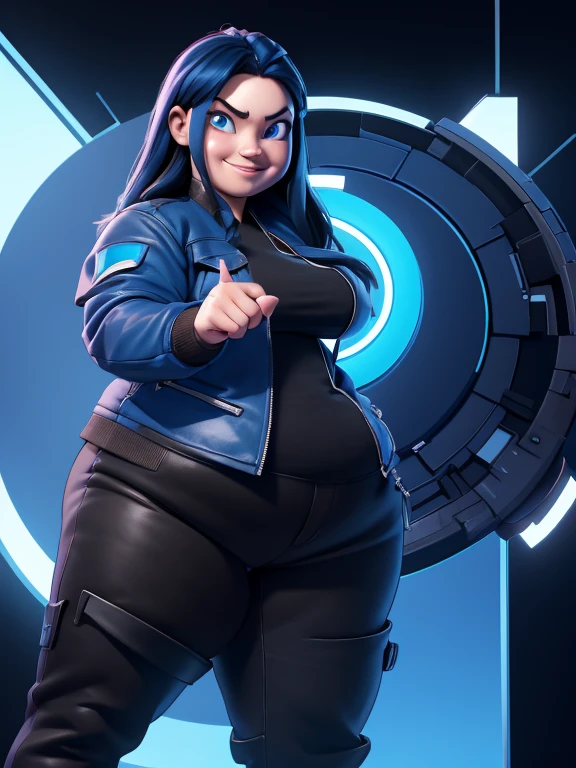 cartoon 3d avatar not realistic a young women charismatic, smiling, extroverted, thin face with long dark hair with blue highlights, blue eyes, blue modern futuristic jacket, black t-shirt underneath with no writing, black modern pants, pointing with her index finger to the left side, digital art, 1 girl, solo, body plus, SSBBW 