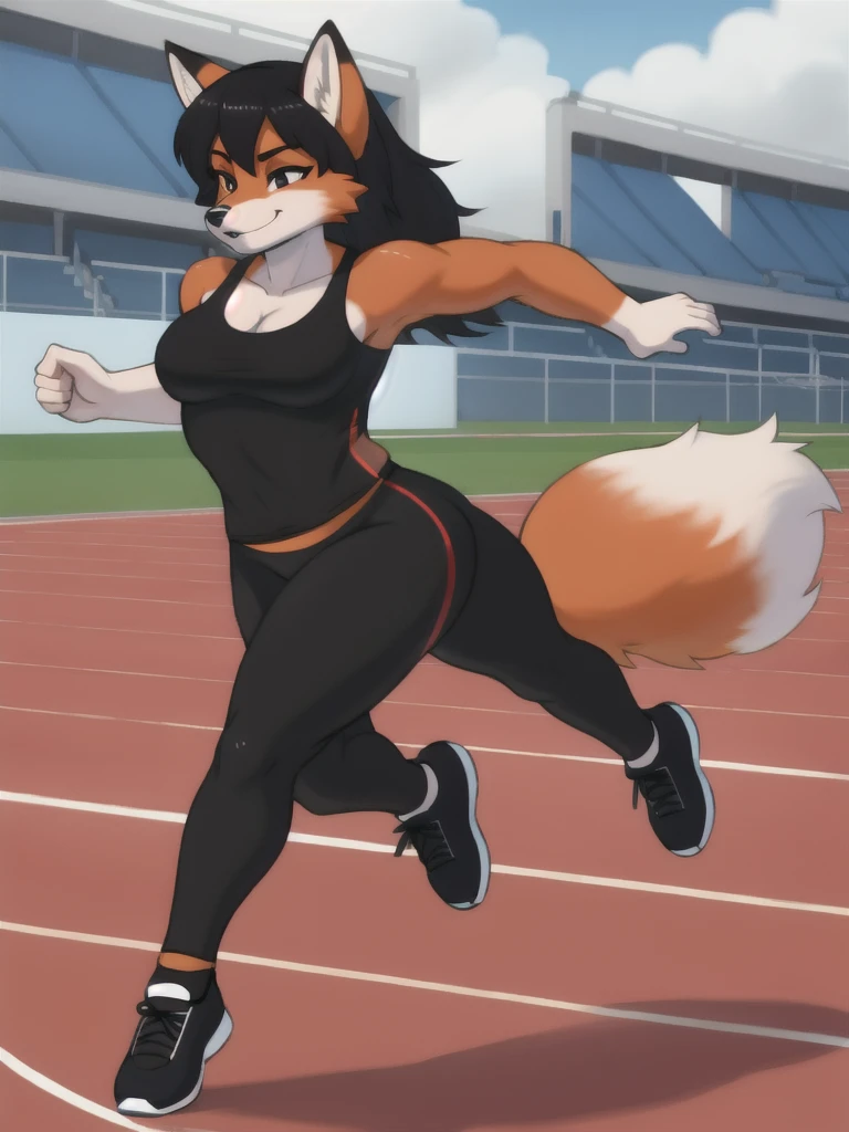 Furry, fox, female, black shirt, black leggings, shoes, running track, solo, full body