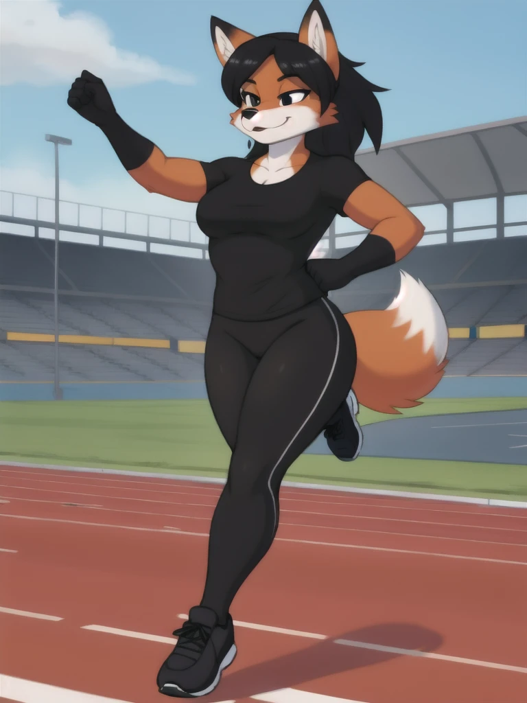Furry, fox, female, black shirt, black leggings, shoes, running track, solo, full body