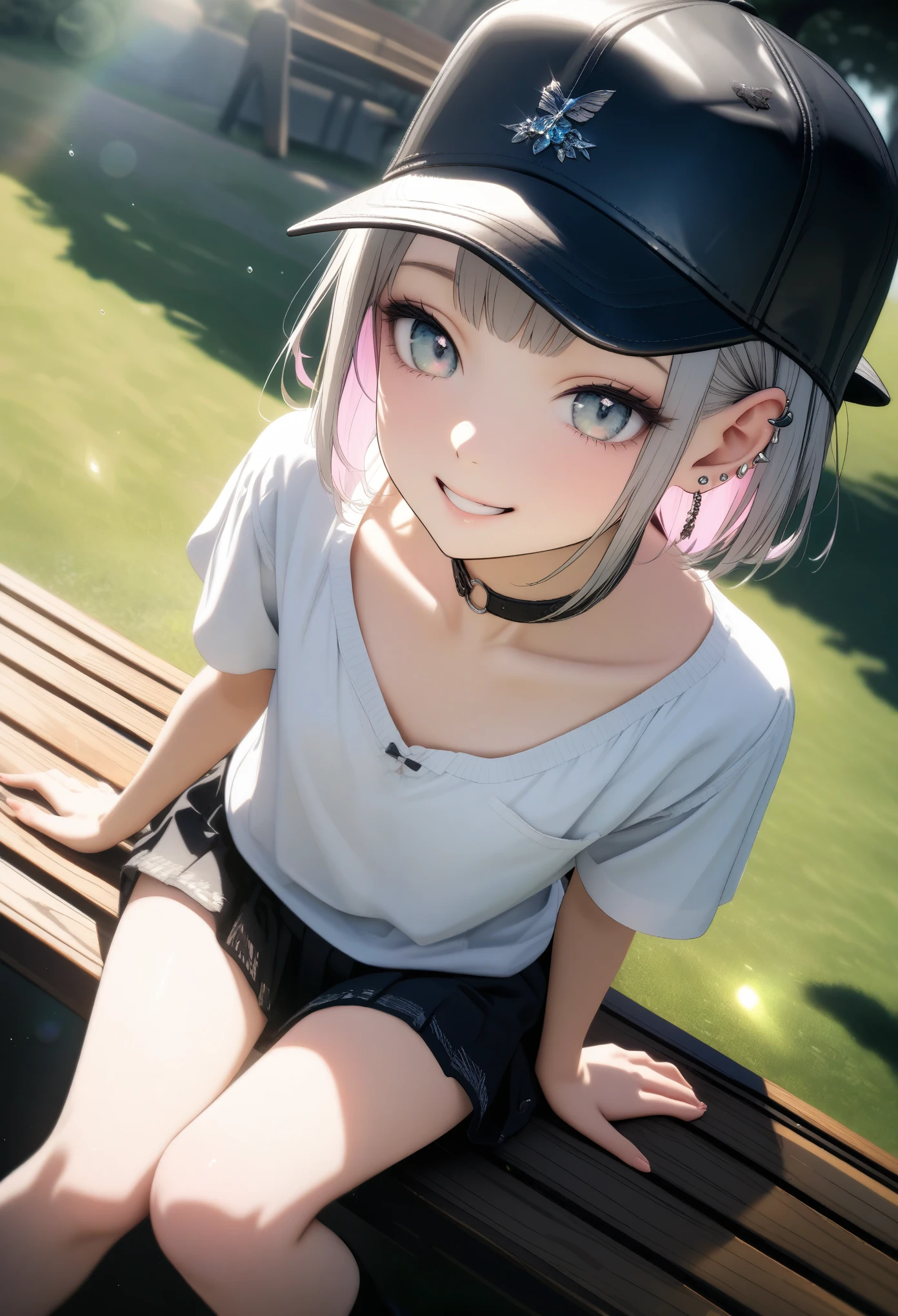 Very cute 15 year old girl, ((She has several silver piercings in her ears。Stylish black baseball cap。Black choker。Black-based punk fashion))、(Ash hair color、Light pink inner color hairstyle、short hair、Hair expressed with a delicate touch), Beautiful Hair, Facial Contour, Remember, Wide park bench, splash, Lens flare、sunlight、illumination、Natural Color, High resolution, Very delicate, Very detailed, 8k,(Breast size around B cup)、Shyness,((Sexual)),((A naughty feeling)),smile、Chest to face angle、Crossing your legs、View angle from knee height