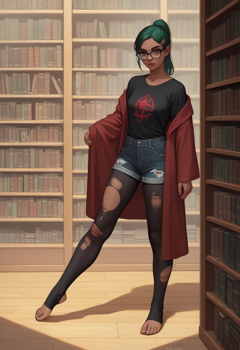 bright green hair, and a ponytail, library, bookshelf, glasses, character full body portrait, full body, a character portrait, dark red Hogwarts robe, black shirt, teen female emo art student, black jean shorts, black pantyhose, black hair pins, dark skin, torn black shirt, full body character portrait, inspired by Eiichiro Oda, stirrup leggings,