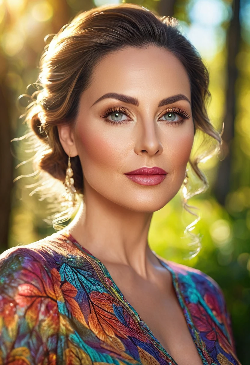 a beautifully detailed woman with a large body, 40 years old, intricate facial features, striking eyes, luscious lips, long eyelashes, flawless skin, elegant hairstyle, confident expression, wearing fashionable clothing, standing in a picturesque outdoor setting, sunlight filtering through the trees, vibrant colors, soft bokeh background, masterpiece, photorealistic, 8k