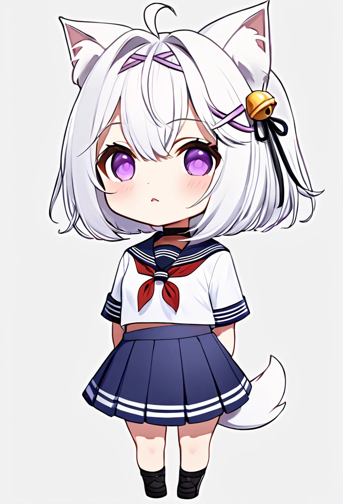 master piece, best quality, ultra-detailed, illustration, from front, (chibi character:1.2), (1woman:1.2), FilianSailor, white hair,purple eyes, tail, short hair, ((hairclip)), ((hair bell)), serafuku, red neckerchief, blue skirt, black thigh high, ((simple white background)),