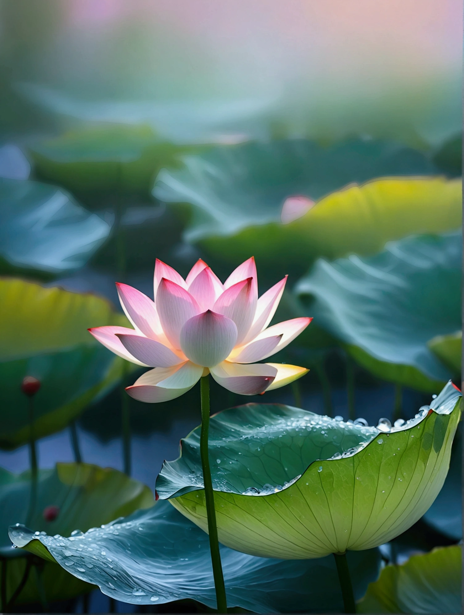 There are a lot of dew and water droplets on the light white lotus，There is a beautiful rainbow behind，Real photography,Fresh and natural picture，best quality, high resolution, 16K
