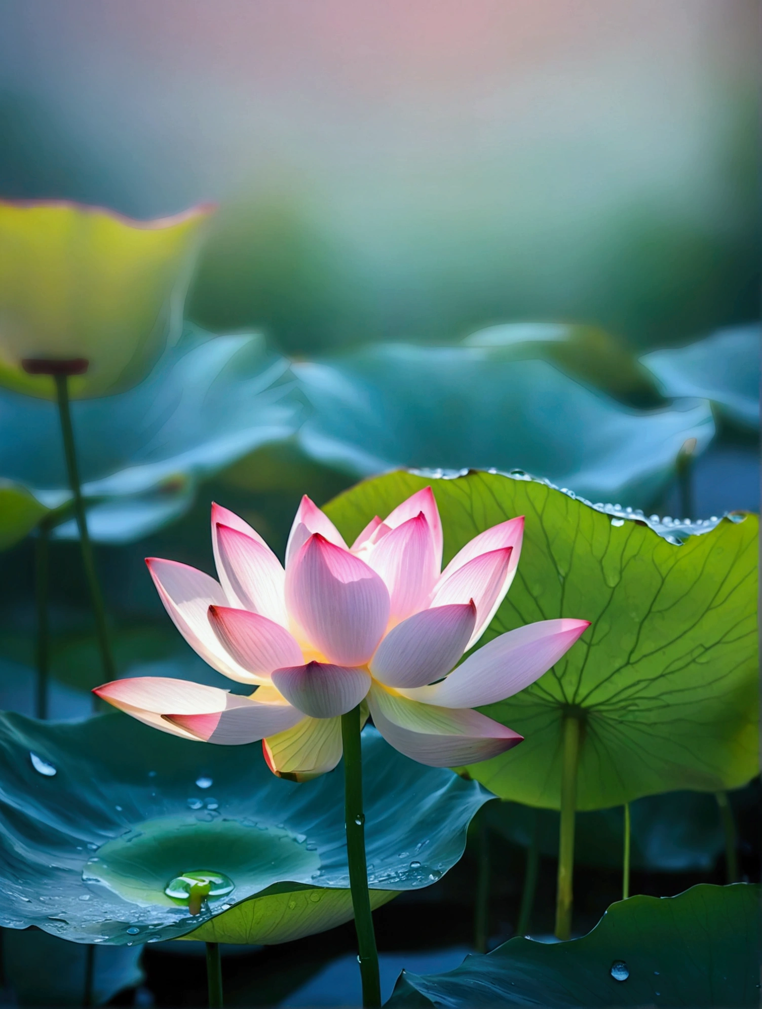 There are a lot of dew and water droplets on the light white lotus，There is a beautiful rainbow behind，Real photography,Fresh and natural picture，best quality, high resolution, 16K
