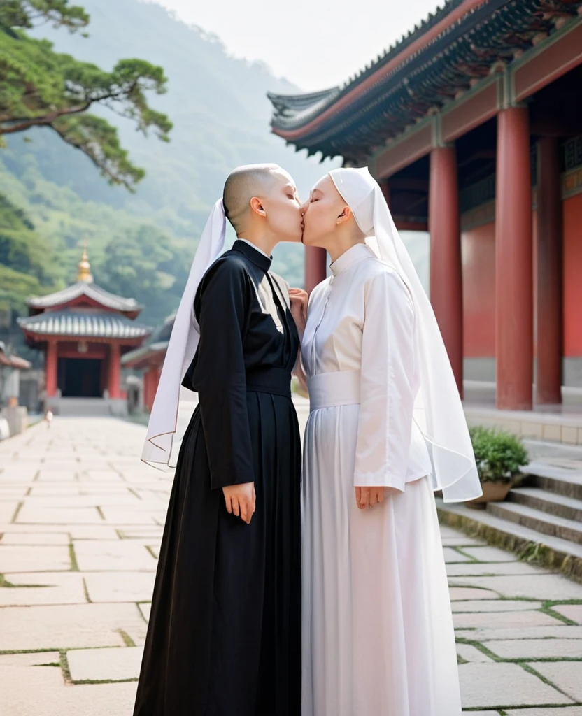 Two nuns kissing in the temple grounds、Shaved Head、Transparent robes、Two lesbians