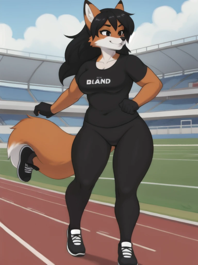 Furry, fox, female, black shirt, black leggings, shoes, running track, solo, full body