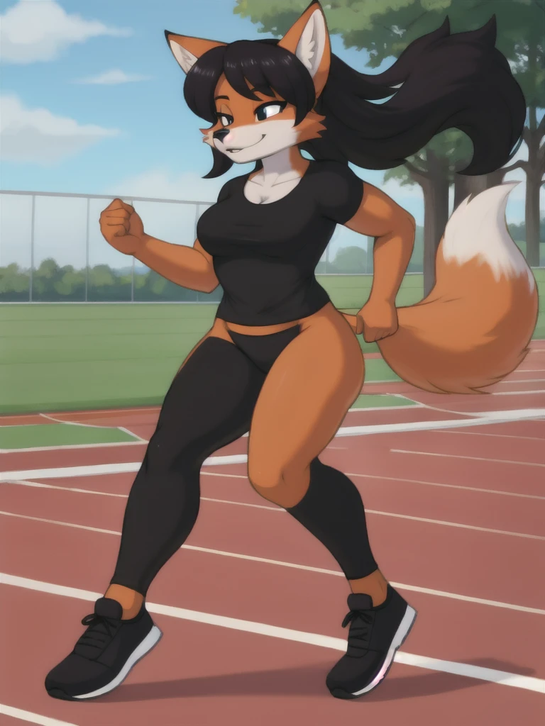 Furry, fox, female, black shirt, black leggings, shoes, running track, solo, full body