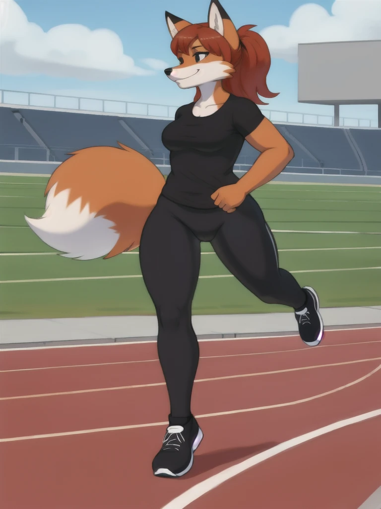 Furry, fox, female, black shirt, black leggings, shoes, running track, solo, full body
