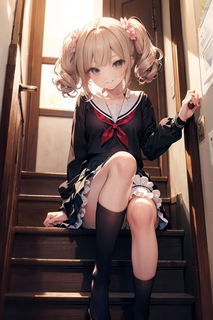 (masterpiece), 4K,Young woman,Long sleeve sailor suit,Small breasts,Small Ass,Curly Twin Tails,Light bulb lighting,Realistic, skinny, Big smile,Frill Bra,((,Short bloomers under a skirt)),Sitting on the stairs,((Knee-length frill skirt)),Angle from below the knee