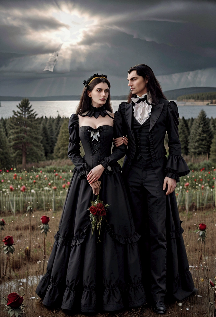 Gothic couple ((He in black Victorian clothes, ruffled neck collar, ruffled sleeve collar, Longhaire pretos, 1,90 metros de altura,Longhaire, straight half wavy, tall similar to Christopher Reeve and Peter Steele)),((ultrarealistic)),((hyper realist)),((the night)),((She in a Victorian dress,Longhaire e pretos, she with 1,58 m)), (( Scenario, in a flower field with black and red roses, cloudy and some distant pine trees and trees near a lake)).