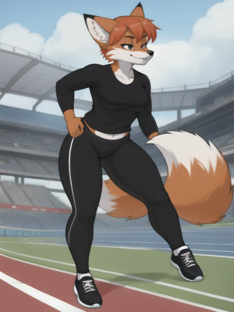 Furry, fox, female, black shirt, black leggings, shoes, running track, solo, full body