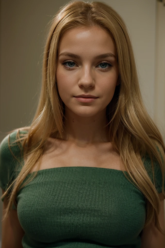 Une femme blonde magnifique, aux traits fins et aux yeux verts envoûtants, . Vêtue d'une tenue rouge