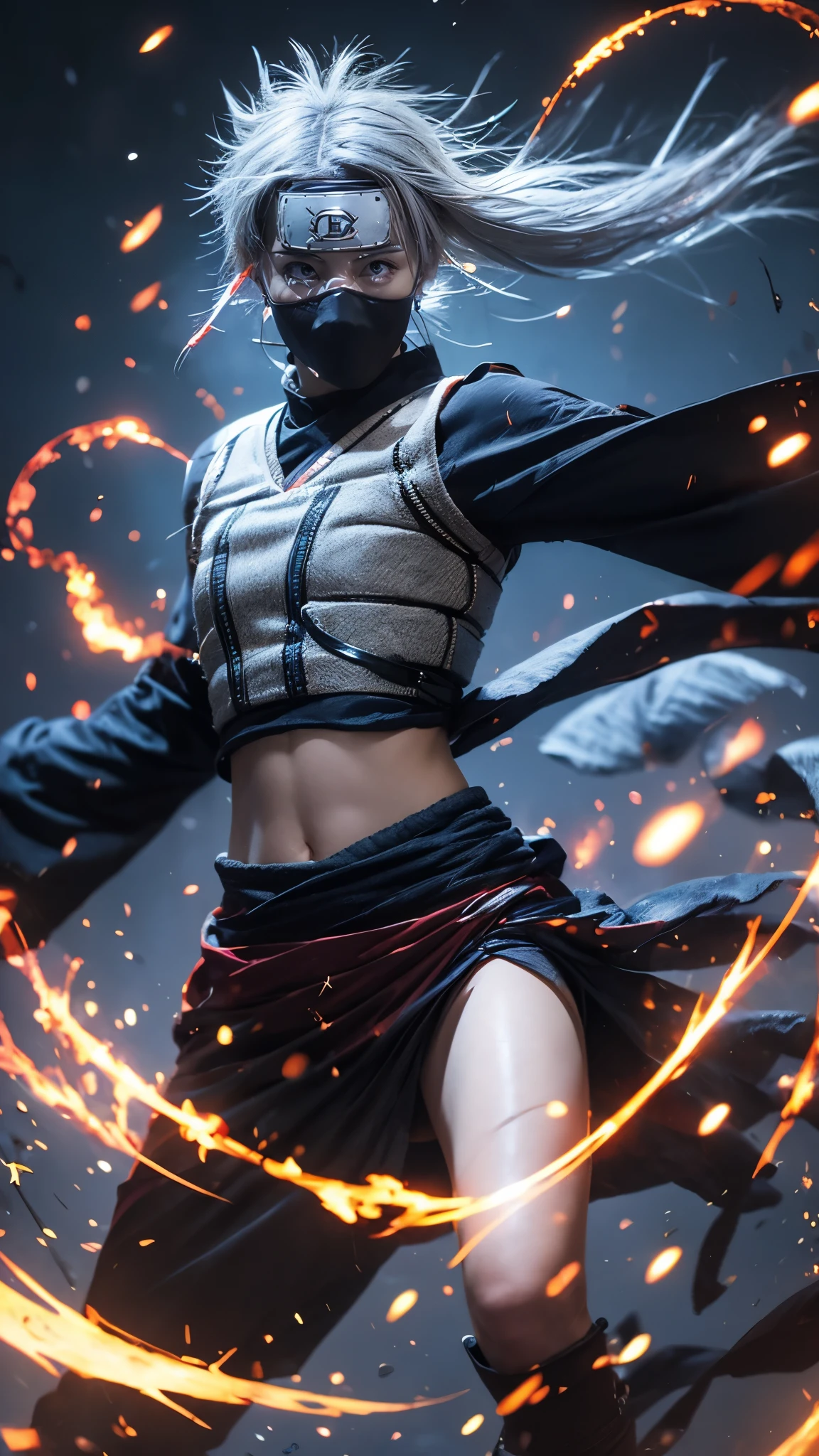 Moisturized skin, (red eyes), realistic body, (adult female body), energetic, (), (girl),
BREAK,
bright red lipstick, (beautiful navel), (silver hair), beautiful hair, (Kakashi Hatake's clothes: 1.3),
BREAK,
((masterpiece + highest quality + high resolution + highly detailed)), (full body: 1.2), symmetrical, one shot,
BREAK,
(electric shock), (wind blows), (blue electricity), (battle stance: 1.4),
BREAK,
(large Japanese sword), ninja, inside a mansion, assassination, cut, kunai, fantastical, dynamic,