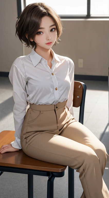 1 high school student, Short hedgehog hairstyle, Light brown eyes, Thin lips, Round Face, Covers medium breasts, Slim hips, Wearing traditional Korean high , Attractive appearance, Sit in a chair in the classroom, Looking at the audience blankly , SFW