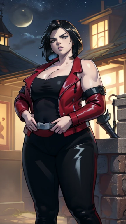 Photorealistic Image of Gorgeous 25 Years Old British Female Vampire Mercenary with Athletic Body, (Shoulder-level Bob Black Hair), (One Person), (Red Leather Jacket and Black Tight Pants:1.4), (Pale Skin:1.4), (Detailed Shiny Appearance:1.4), (Serious Face), Deep Cleavage, (Dynamic Pose:1.4), (Dark Castle at Night:1.4), Centered, (Full Body plus size), SSBBW,(From Front Shot), Insane Details, Intricate Face Detail, Intricate Hand Details, Cinematic Shot and Lighting, Realistic Colors, Masterpiece, Sharp Focus, Ultra Detailed, Taken with DSLR camera, Realistic Photography, Depth of Field, Incredibly Realistic Environment and Scene, Master Composition and Cinematography