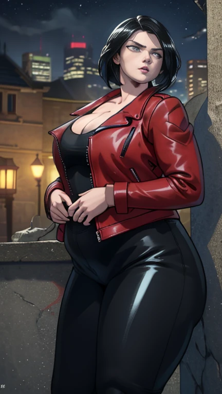 Photorealistic Image of Gorgeous 25 Years Old British Female Vampire Mercenary with Athletic Body, (Shoulder-level Bob Black Hair), (One Person), (Red Leather Jacket and Black Tight Pants:1.4), (Pale Skin:1.4), (Detailed Shiny Appearance:1.4), (Serious Face), Deep Cleavage, (Dynamic Pose:1.4), (Dark Castle at Night:1.4), Centered, (Full Body plus size), SSBBW,(From Front Shot), Insane Details, Intricate Face Detail, Intricate Hand Details, Cinematic Shot and Lighting, Realistic Colors, Masterpiece, Sharp Focus, Ultra Detailed, Taken with DSLR camera, Realistic Photography, Depth of Field, Incredibly Realistic Environment and Scene, Master Composition and Cinematography
