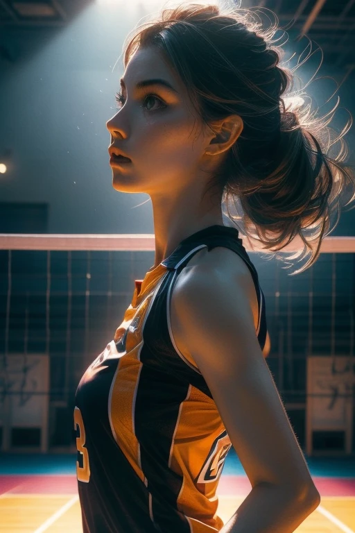 a beautiful woman, midle tits, wearing small sports clothes, volleyball player, hyper realistic, intricate details, perfect lighting, extremely detailed face and body, beautiful eyes, nose and lips, dynamic pose, ((volleyball court background)), bright colors, vibrant, cinematic lighting, photoreal