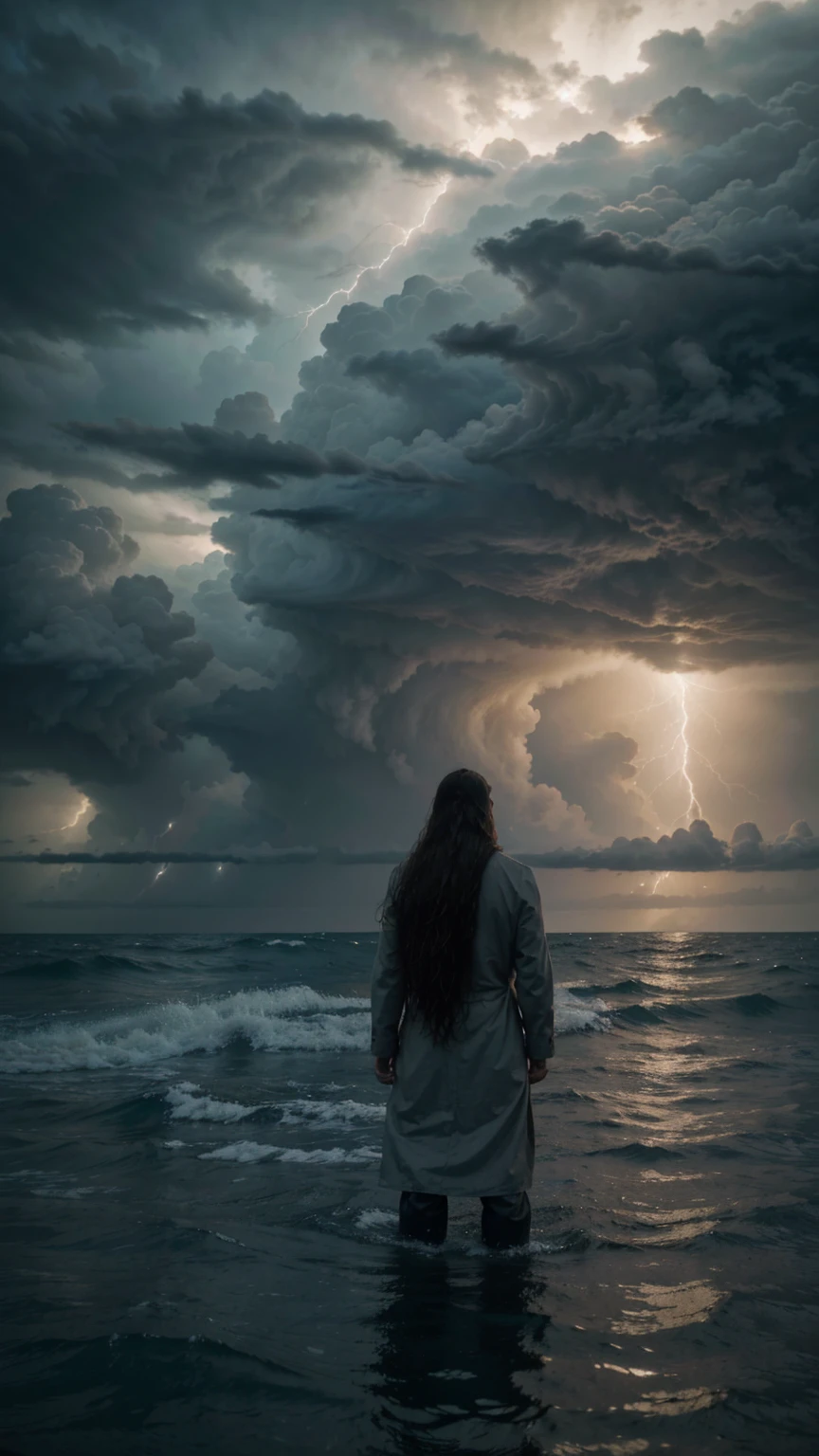 A pious man with long hair is standing with two hands raised above the water of the raging sea. The sky is covered with dark clouds.back view,back view,Hyper-realistic photography, gentle soft natural backlightning, real photo,Cinematic style,realistic environment,low contrast, 32k resolution , highly detailed, realistic dress. Ultrarealistic water, hills