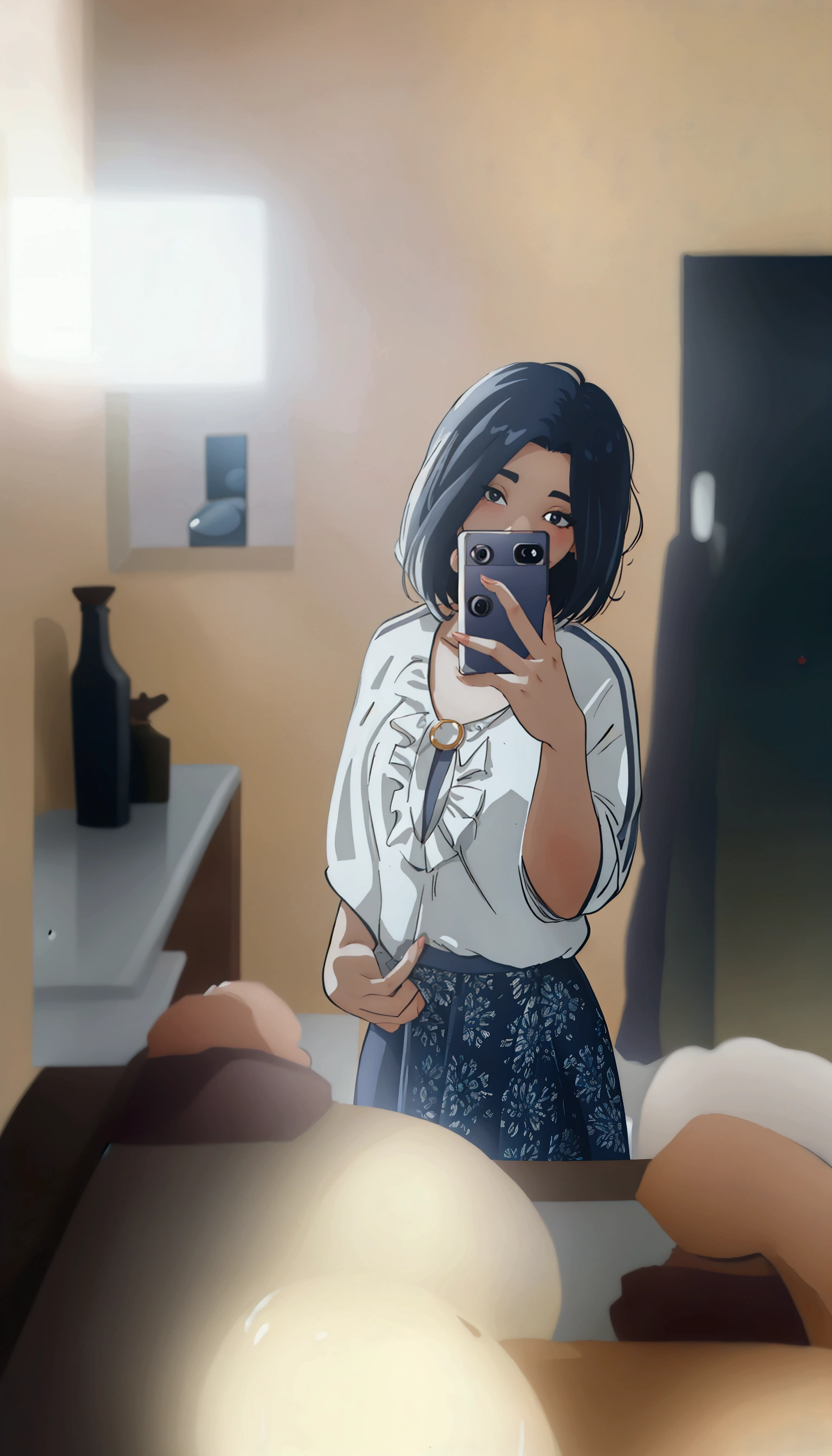 A woman is taking a picture of herself in the mirror, Low quality photosgraph, Very low quality picture, Low quality photos, 8K Selfie, Ulzzang, Short Hair, 2263539546], 8k 50mm iso 10, Very low quality, Half body cropping