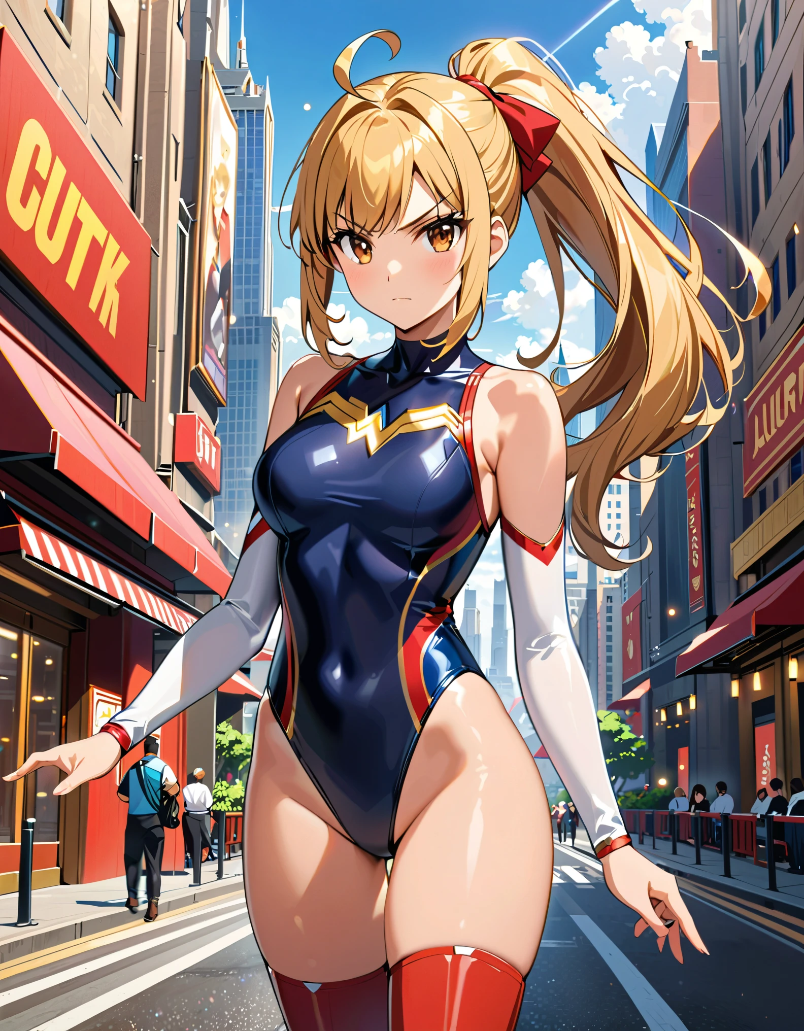 (masterpiece), (best quality), (high res), highly detailed, professional, 1girl, solo, solo focus, wonder, superhero, anime style, serious, v-shaped eyebrows, perfect hands, complete fingers, (white elastic sleeves, leotard, navy leotard, competition swimsuit), blonde hair, ahoge, medium breasts, brown eyes, beautiful detailed eyes, cute eyes, cute face, light particles, long hair, looking at viewer, medium breasts, outdoors, (ponytail), (red boots, thighhighs), hand on hip, cowboy shot, city backdrop, (full body with costume).