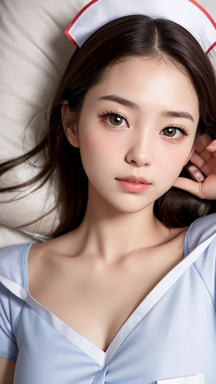(Lie on your back in bed:1.3), masterpiece、(Professional Portrait、Professional Writing)、Detailed workmanship、High resolution、(8k, High resolution:1.2)、(born, Realistic:1.3)、Highest quality, Slim figure、High resolutionの顔、The face is in focus、High resolutionの目、(Concentrated, Symmetrical pupils:1.2)、High quality and beautiful skin、Firm Skin、Natural Makeup、Gloss lips, High-definition hair texture、(Show your breasts:1.3) break (White nursing uniform、White nurse uniform:1.3) BREAK Japanese women、、very cute, (Very embarrassed:1.3), (blush:1.3), Similar faces'I am going to cry:1.3、(Look up at the camera:1.2)、(color々Easy-to-shoot angle:1.3)、Mid-chest, Browsing Caution, Cleavage, (Open your mouth),Nipples