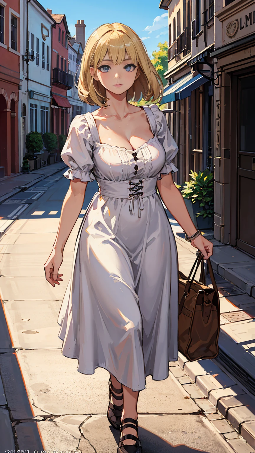 Highest quality, masterpiece, Intricate details,, Super detailed, old fashioned young woman, Wearing a peasant dress, No neckline, Blonde, Perfect details and blue eyes, Walking around the old town, HD quality, 8k, young woman, 20-year-old,Large Breasts