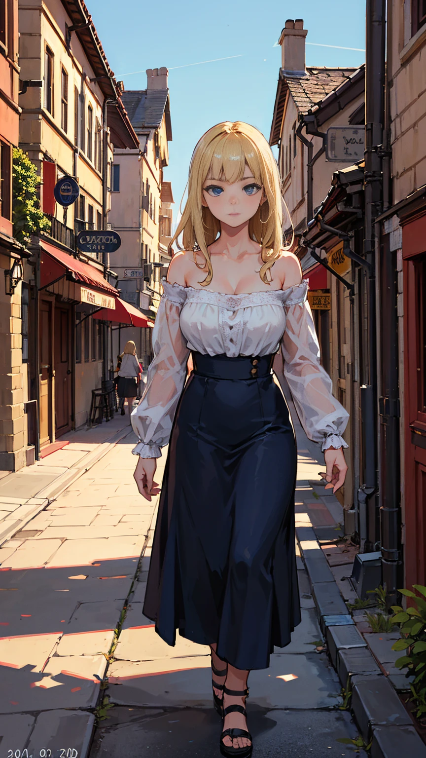 Highest quality, masterpiece, Realistic photos, Intricate details, RAW Photos, Super detailed, old fashioned young woman, Wearing a peasant dress, No neckline, Blonde, Perfect details and blue eyes, Walking around the old town, HD quality, 8k, young woman, 20-year-old