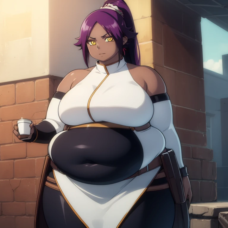 fat yoruichishihouin, yoruichi shihouin, long hair, (yellow eyes:1.5), ponytail, purple hair, dark skin, dark-skinned female,
BREAK bodysuit, obese body, large breasts, black bodysuit, bare arms, bare shoulders, 
BREAK outdoors, thick thighs, fat arms, fat belly, sexy fat girl,
BREAK looking at viewer, (cowboy shot:1.5),
BREAK (masterpiece:1.2), best quality, high resolution, unity 8k wallpaper, (illustration:0.8), (beautiful detailed eyes:1.6), extremely detailed face, perfect lighting, extremely detailed CG, (perfect hands, perfect anatomy)