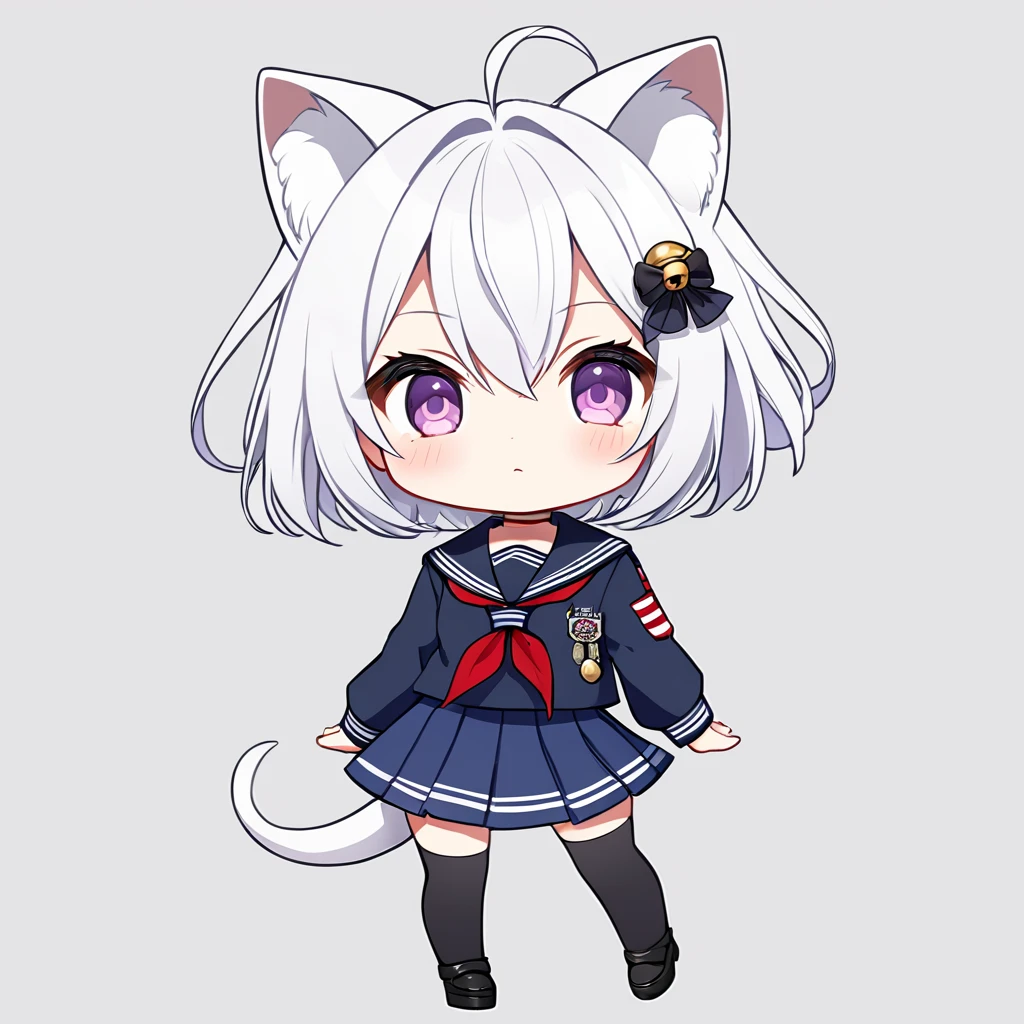 master piece, best quality, ultra-detailed, illustration, from front, (chibi character:1.2), (1woman:1.2), FilianSailor, white hair,purple eyes, tail, short hair, ((hairclip)), ((hair bell)), serafuku, red neckerchief, blue skirt, black thigh high, ((simple white background)),