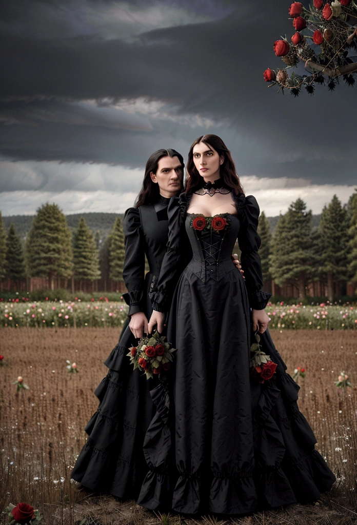 Gothic couple ((He in black Victorian clothes, ruffled neck collar, ruffled sleeve collar, Longhaire pretos, 1,90 metros de altura,Longhaire, straight half wavy, tall similar to Christopher Reeve and Peter Steele)),((ultrarealistic)),((hyper realist)),((the night)),((She in a Victorian dress,Longhaire e pretos, she with 1,58 m)), (( Scenario, in a flower field with black and red roses, cloudy and some distant pine trees and trees near a lake)).