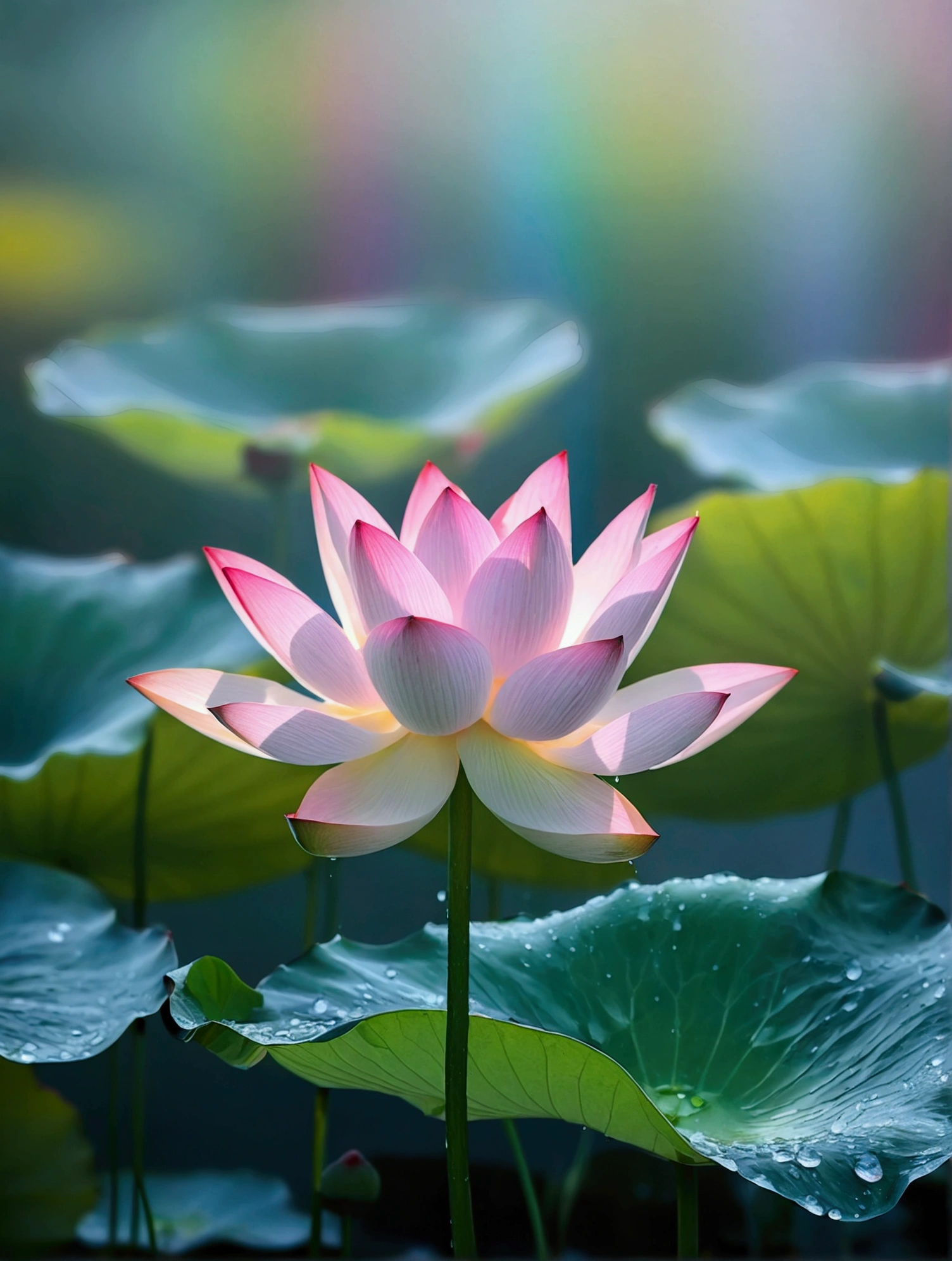 There are a lot of dew and water droplets on the light white lotus,There is a beautiful rainbow behind,Real photography,Fresh and natural picture,best quality, high resolution, 16K