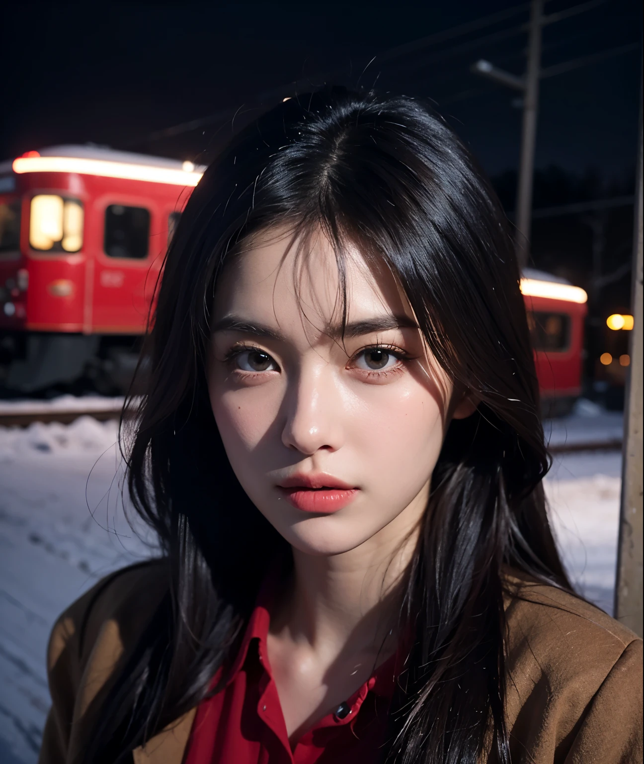 Night, Dark theme, heavy snow, platform, Red train, (masterpiece),((Extremely detailed)), (Highly detailed CG illustrations),(Poker face), (best quality:1.2), High quality textures, Intricate details, Detailed texture, High quality shadows, light, Depth of Field, Light source comparison, view,20 seconds, (ulzzang-6500-v1.1:0.5),
