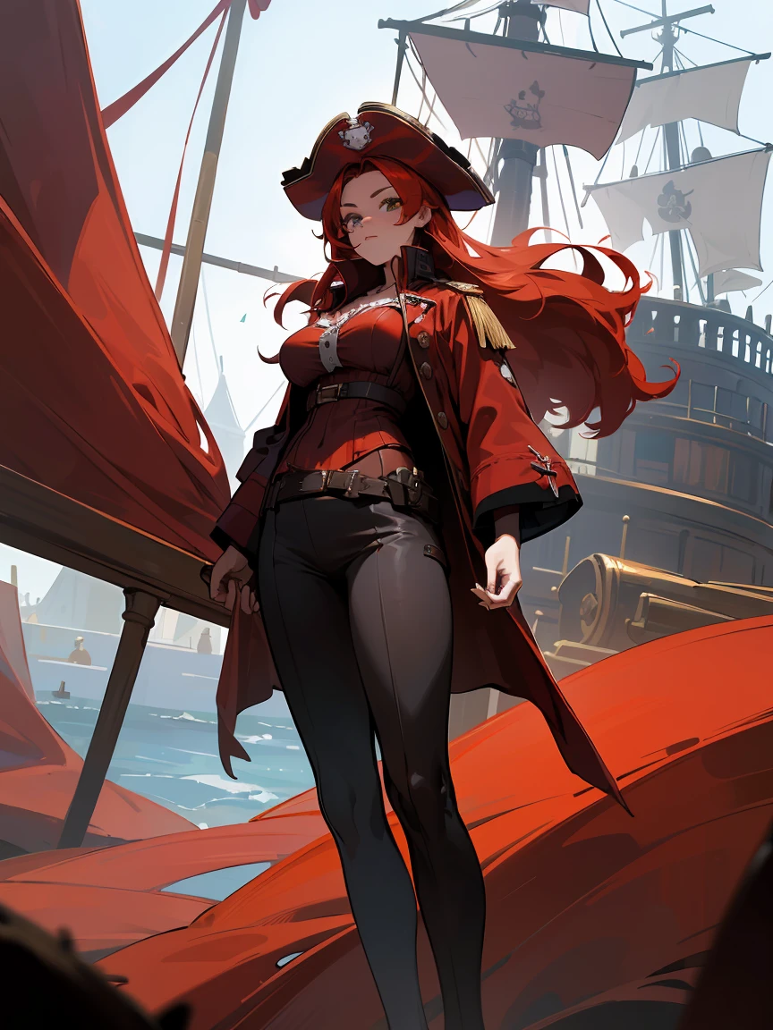 (high resolution) , (best qualityer),(4 k image),(detailedeyes),(body detailed). 1 girl, big red hair,smallbreast, dressed as a classic pirate captain(black and red clothing color),looking ahead at viewer, fully body,standing,about the ship.full body on display